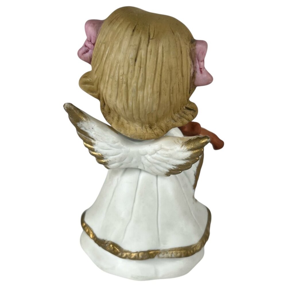 Vintage UCGC Ceramic Angel Figurine Playing Violin With Gold Accents & Pink Bows - Picture 4 of 8